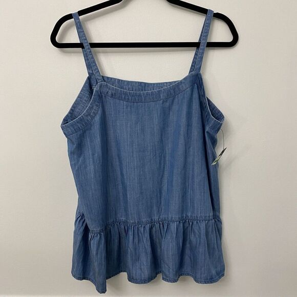 Crown & Ivy Petite Large Blue Chambray Peplum Ruffle Hem Tank Top - Picture 3 of 9